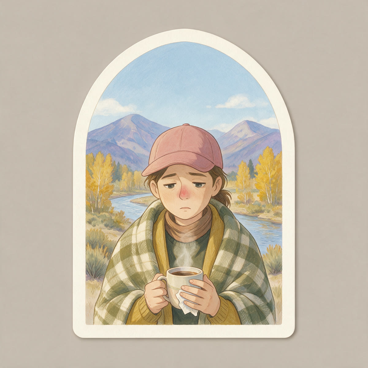 Concept A sticker: the figure wrapped in a plaid blanket holding tea, Truckee River and Sierra foothills behind, in an arched cream border