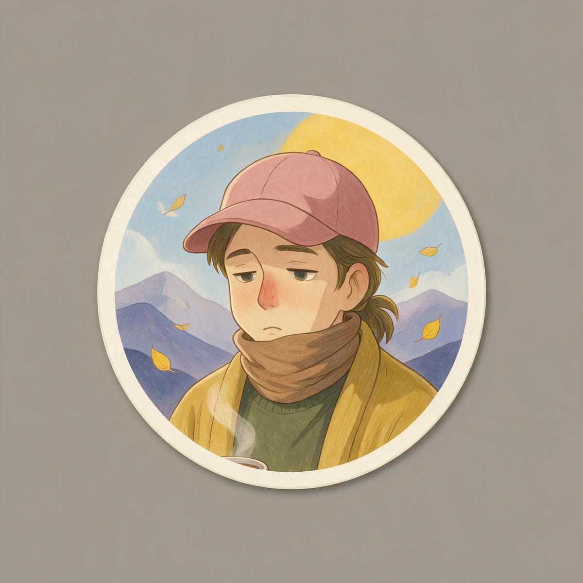 Concept B round badge: close portrait with scarf pulled to her chin, lavender mountains and a soft yellow sun behind