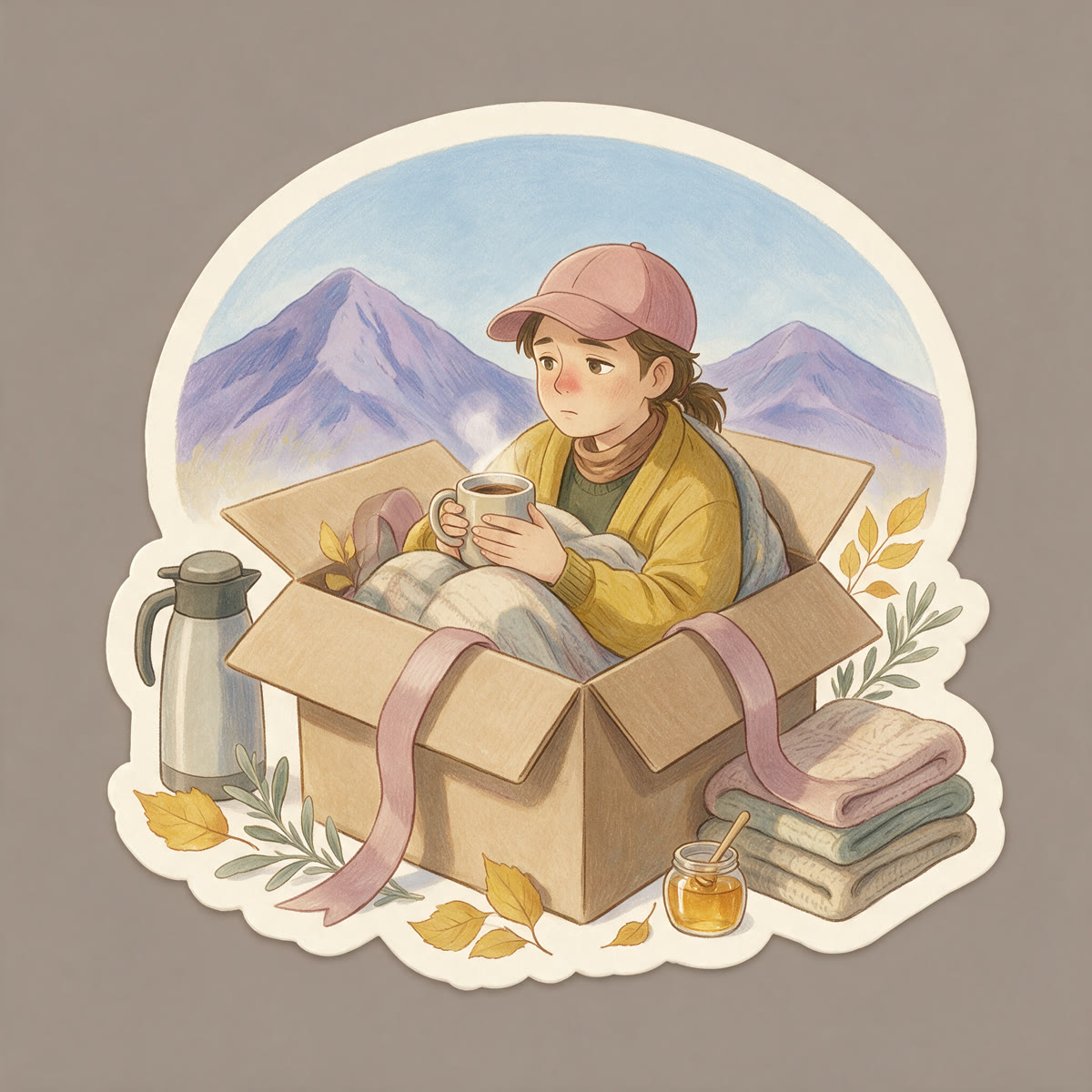 Concept C die-cut sticker: the figure curled up inside an open kraft gift box with a thermos, honey, a folded blanket and a rose ribbon