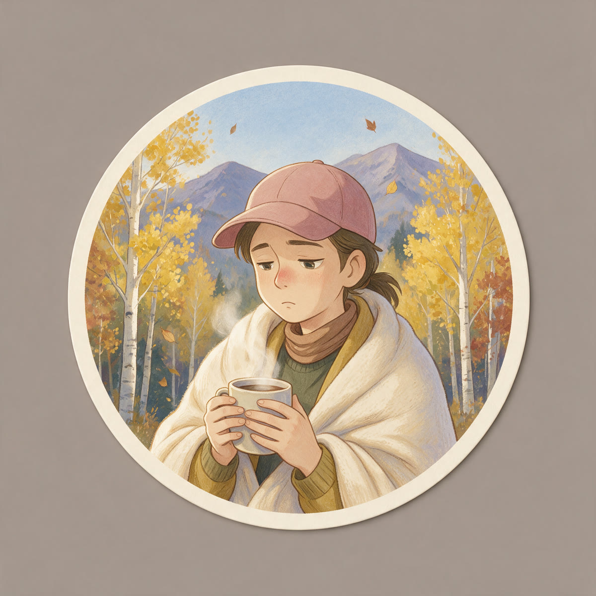 Concept D round badge: the figure cuddled in a cream blanket holding tea, golden aspens and fall trees behind her