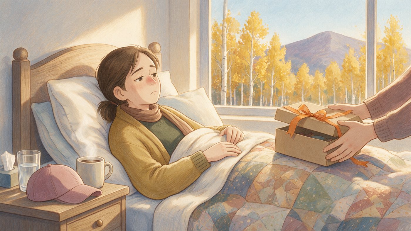 She rests in bed while a friend sets a kraft gift box on the quilt