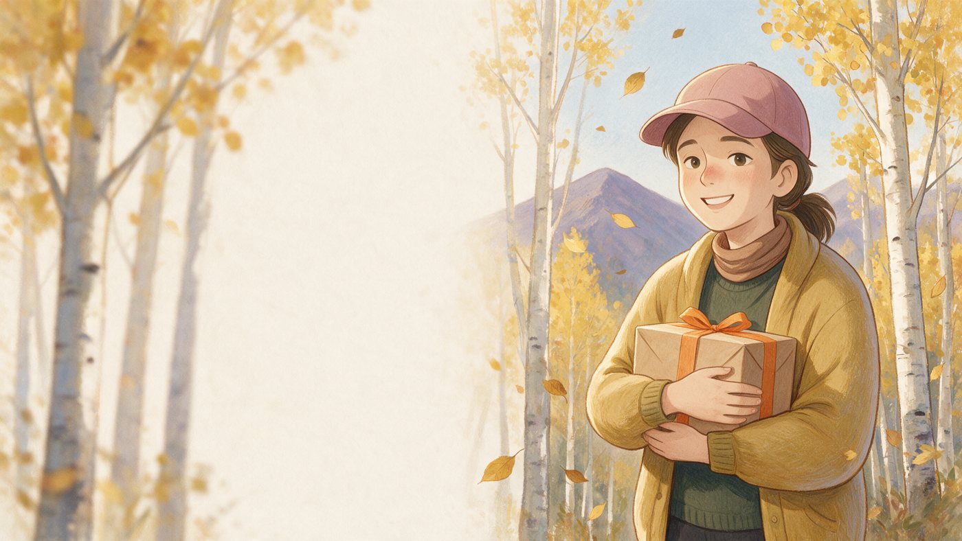 She stands well and smiling in the aspens holding a kraft gift box