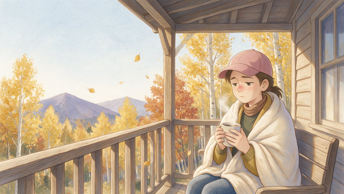Hero: she sits on her porch wrapped in a blanket with tea