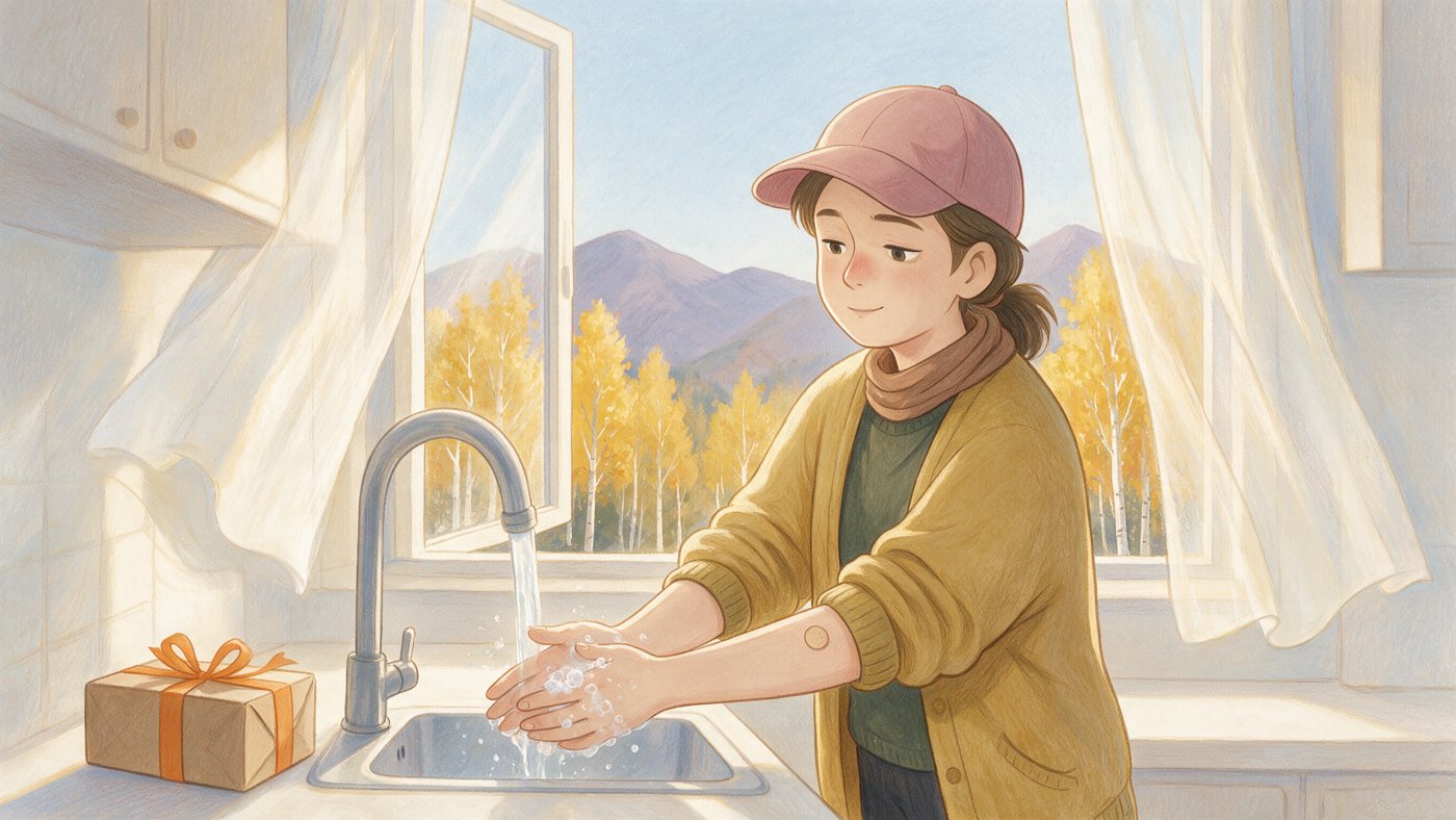 Kitchen: she washes her hands with a bandage on her arm by an open window