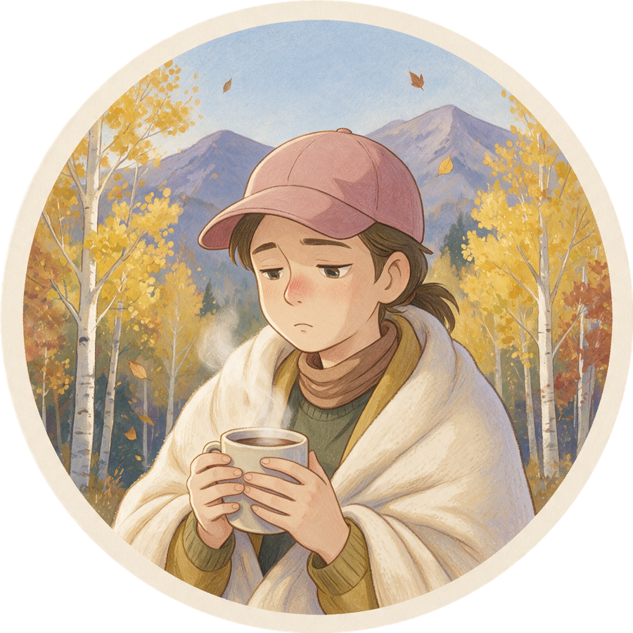 Sick kit badge: a young woman in a pink cap wrapped in a cream blanket with tea, fall aspens behind her