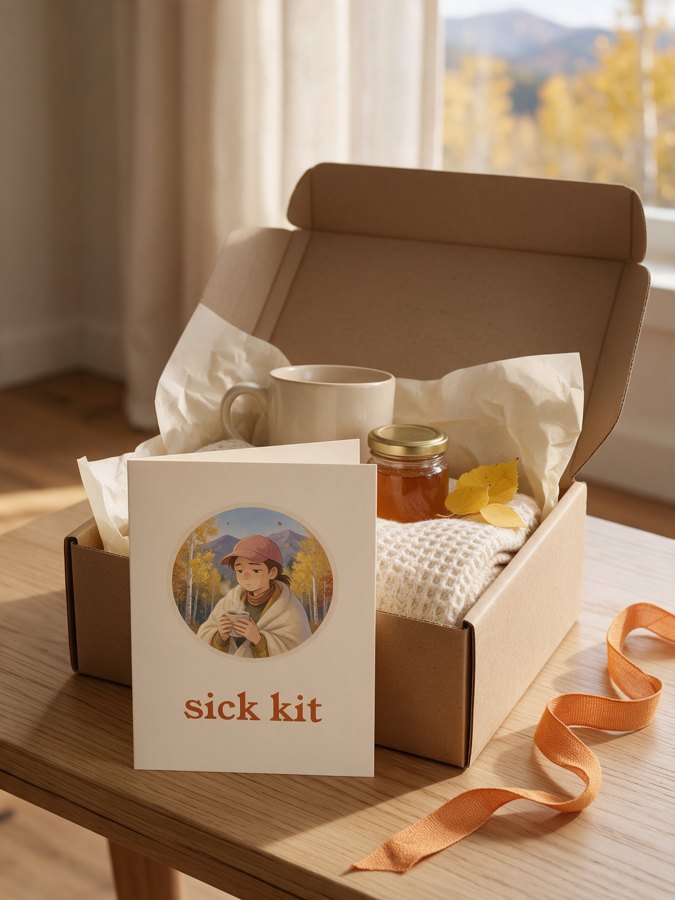 Card standing in an open kraft gift box with a mug, honey and a knit blanket